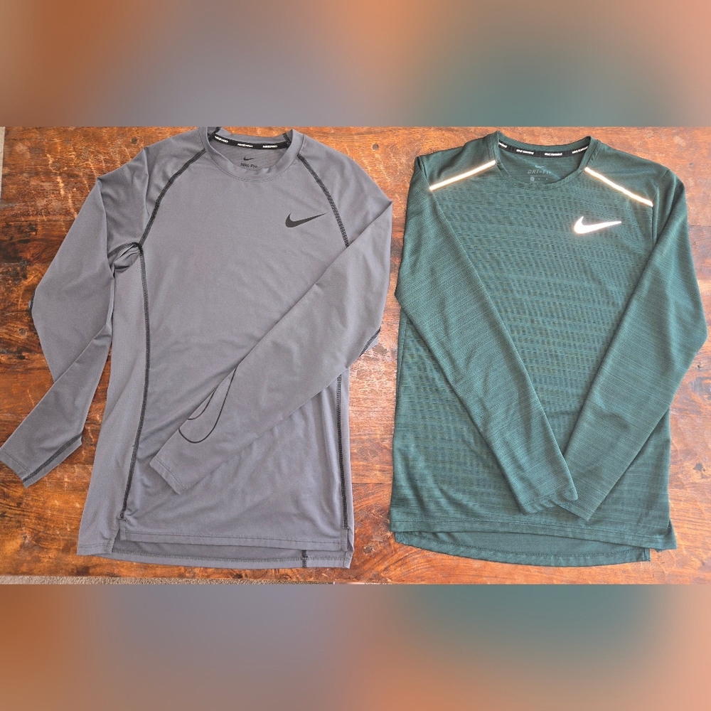 2 Nike Youth XL/Men's Long Sleeve Shirts - Charcoal and Forest Green